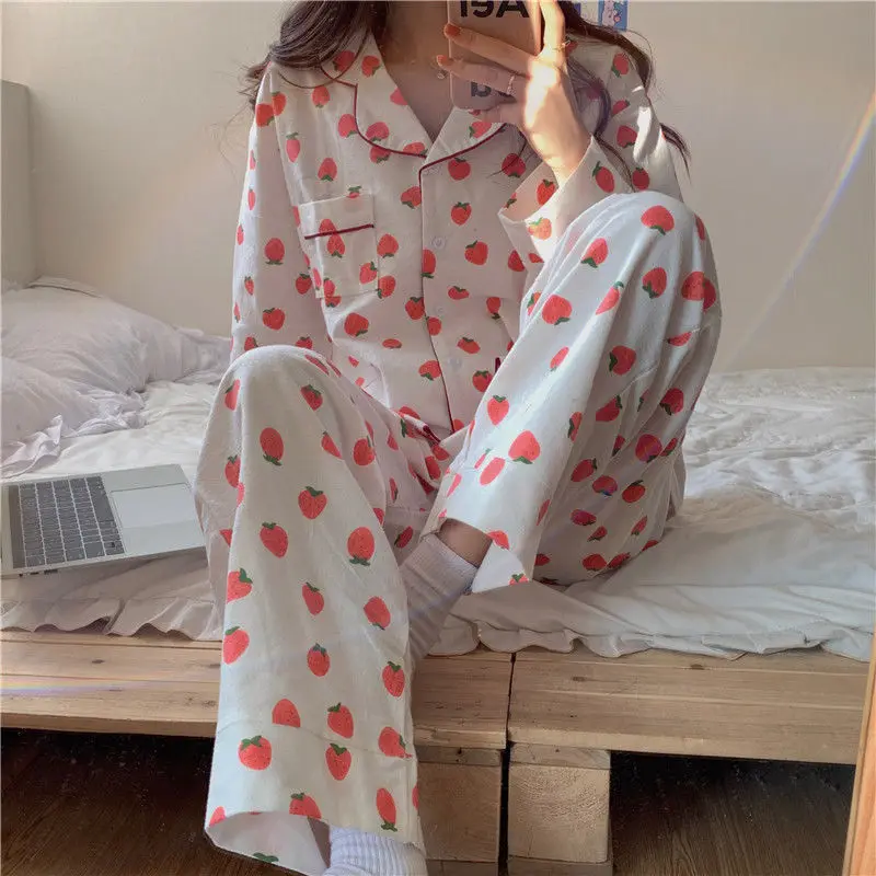 Gentle Pajama Sets Women O-neck Tops Full Length Pants Floral Sweet Teenagers Sleepwear Cozy Loose Breathable Lounge Femme Chic