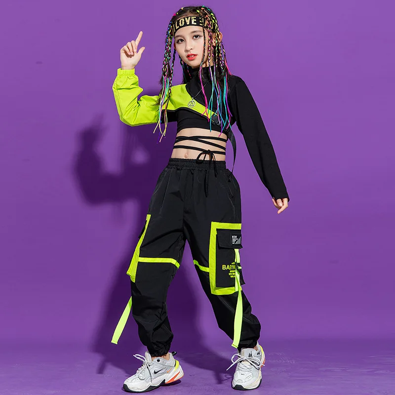 Kid Kpop Hip Hop Clothing Sweatshirt Crop Top Streetwear Tactical Cargo Jogger Pants for Girls Boys Jazz Dance Costume Clothes