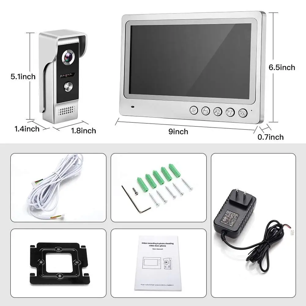Video Intercom Door Phone System 9 Inch Monitor Record Doorbell With Camera,Metal IR Night Vision Camera Call Panel For Villa