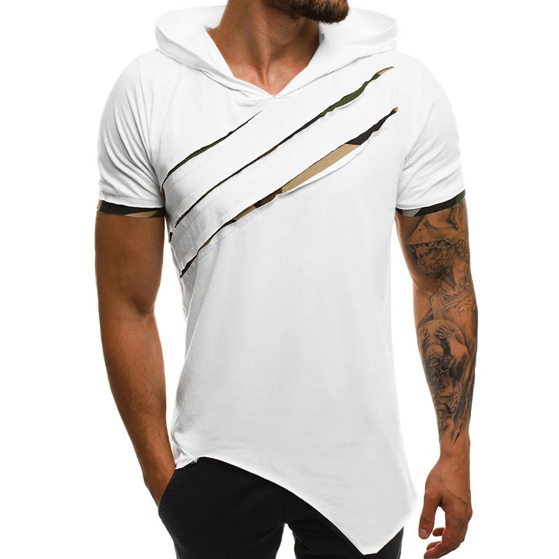 New Hoodies T Shirt Men Short Sleeve Tops and Tees Summer Fitness Clothing Camouflage Hole Tshirt Men Slim Fit Sportwear MY172