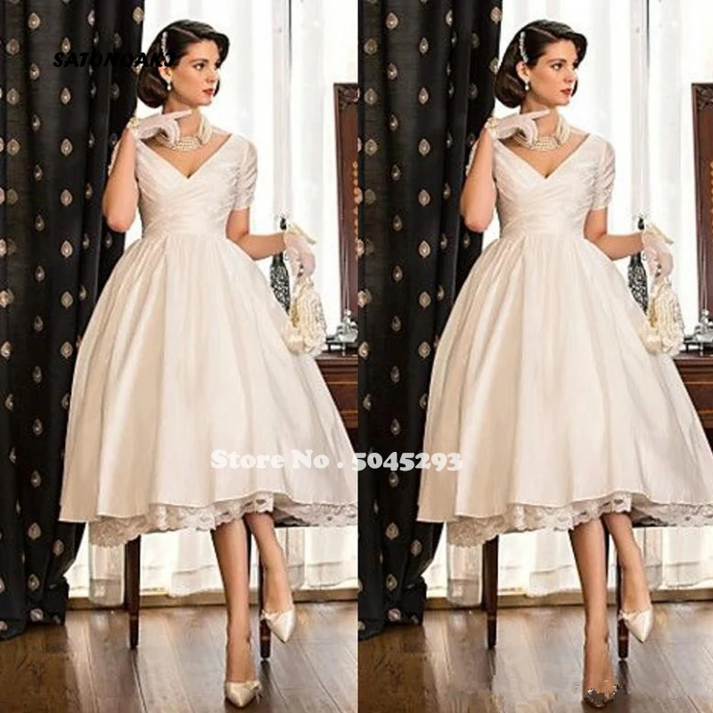 2024 Short Seeves Wedding Dresses V Neck Lace Satin Tea Length Bridal Gowns Custom Made Vestido De Novia Robe Mariage Undefined