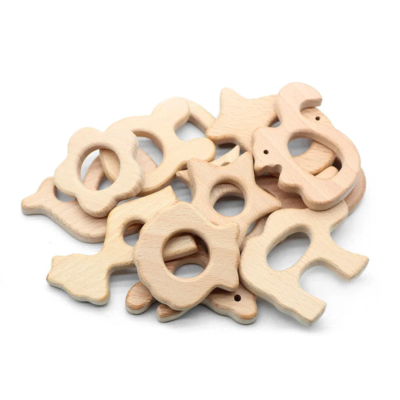 Cartoon Shape Food Grade Natural Beech Wood Teether Baby Molar Toy Dolphin Elephant Squirrel Fox Owl Crown Rattle Pendant Crafts