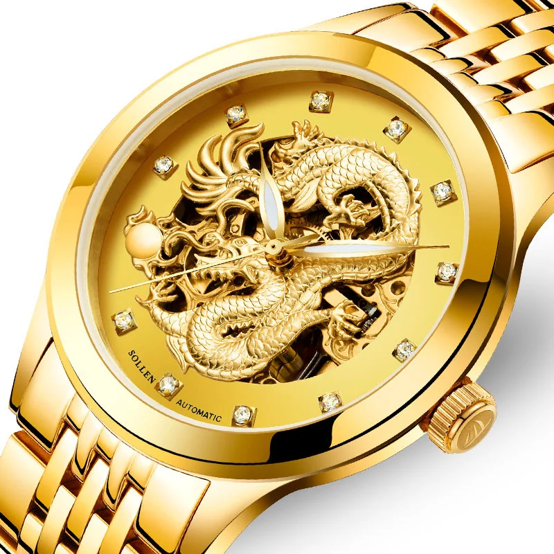 Switzerland SOLLEN Automatic Mechanical Men's Watches Luxury Brand Dragon Design Luminous Diamond Sapphire Skeleton Clocks SL602