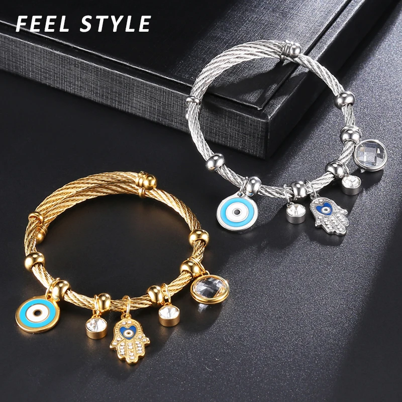 Fatima Hand Hamsa Devil's Eye Pendant Bracelet Bangle For Women Stainless Steel Adjustable Wire Bangle