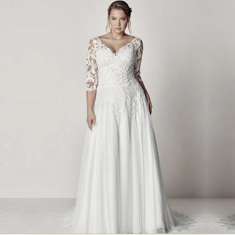 Robe de mariée élégante en Tulle, grande taille, encolure en v, ligne a, avec manches en dentelle, dos nu, style Boho, robes de plage