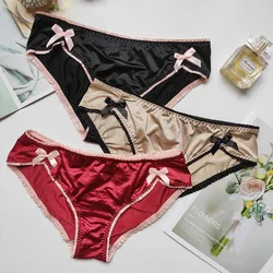 Luxury Smooth Glossy Satin Women's Underwear Vintage Solid Bow Crotch Seamless Briefs Sexy Panties Sex Thongs Female Lingerie