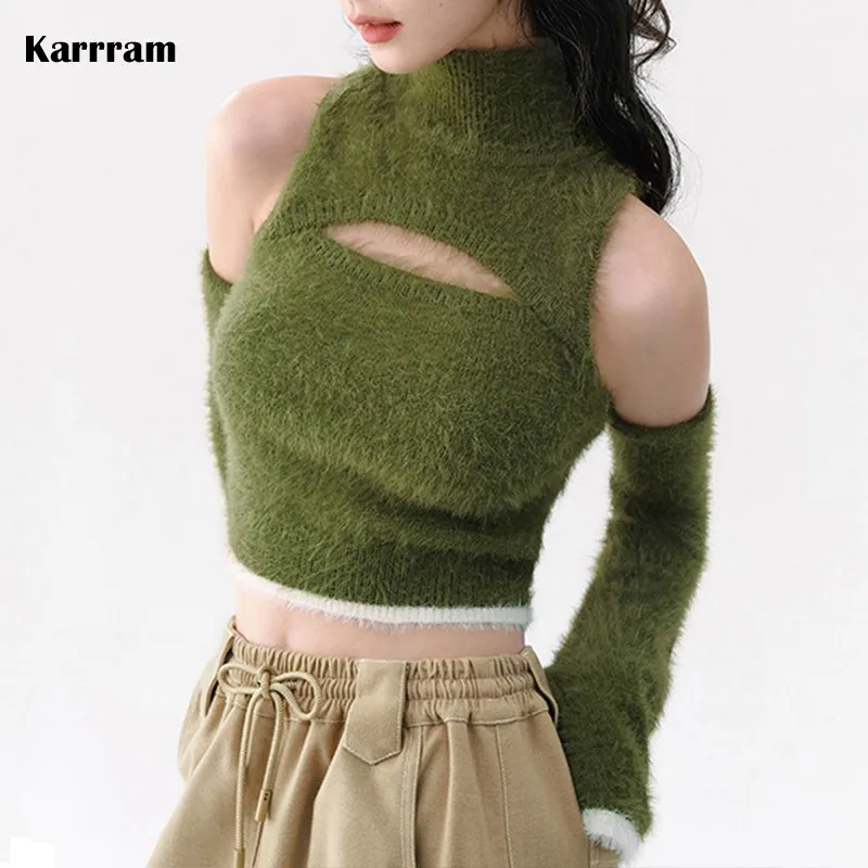 Karrram Mohair Turtleneck Sweater Women Slim Fuzzy Crop Pullovers Korean Style Hollow Out Irregular Design Jumpers Streetwear