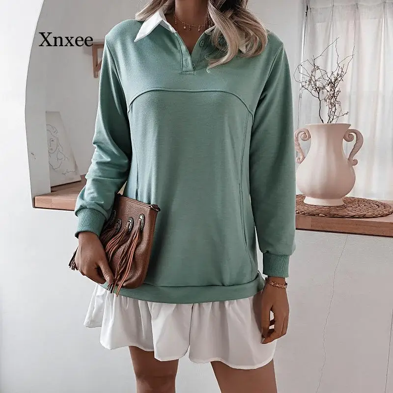 Autumn Straight Dress 2020 Winter Color Matching Pocket Button Sweatshirt Long-Sleeved Casual Dress Dresses for Women