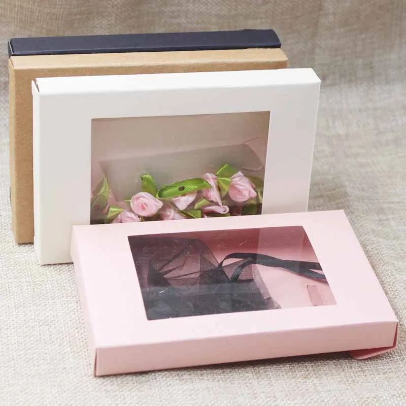 5pcs Mixed Color Kraft Paper Box Romantic Wedding Transparent Window Gift Box Candy Chocolate Biscuit Packaging