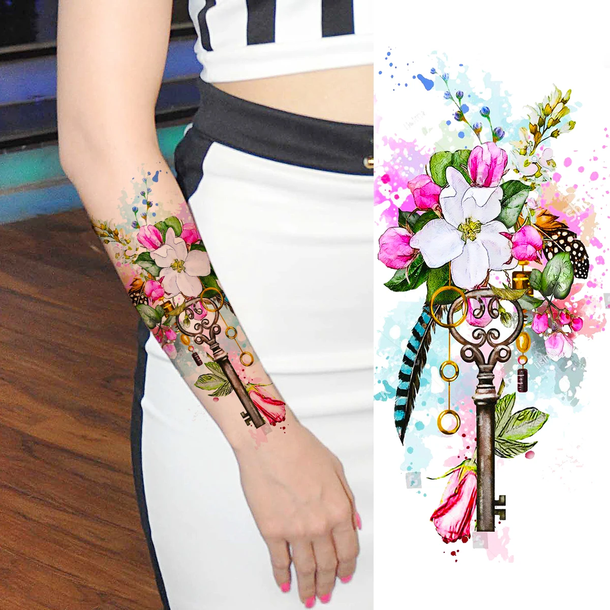 Watercolor Rose Butterfly Arm Temporary Tattoos For Women Adult Peony Daisy Key Fake Tattoo Fashion Waterproof Half Sleeve Tatoo