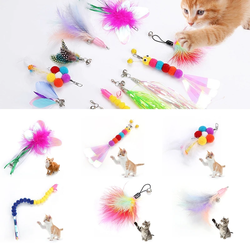 Interactive Cat Wand Toy Refill Cat Teaser Pet Stick Toy Attachment Colorful Fake Feather Replacement Toy For Cat Pet Supplies