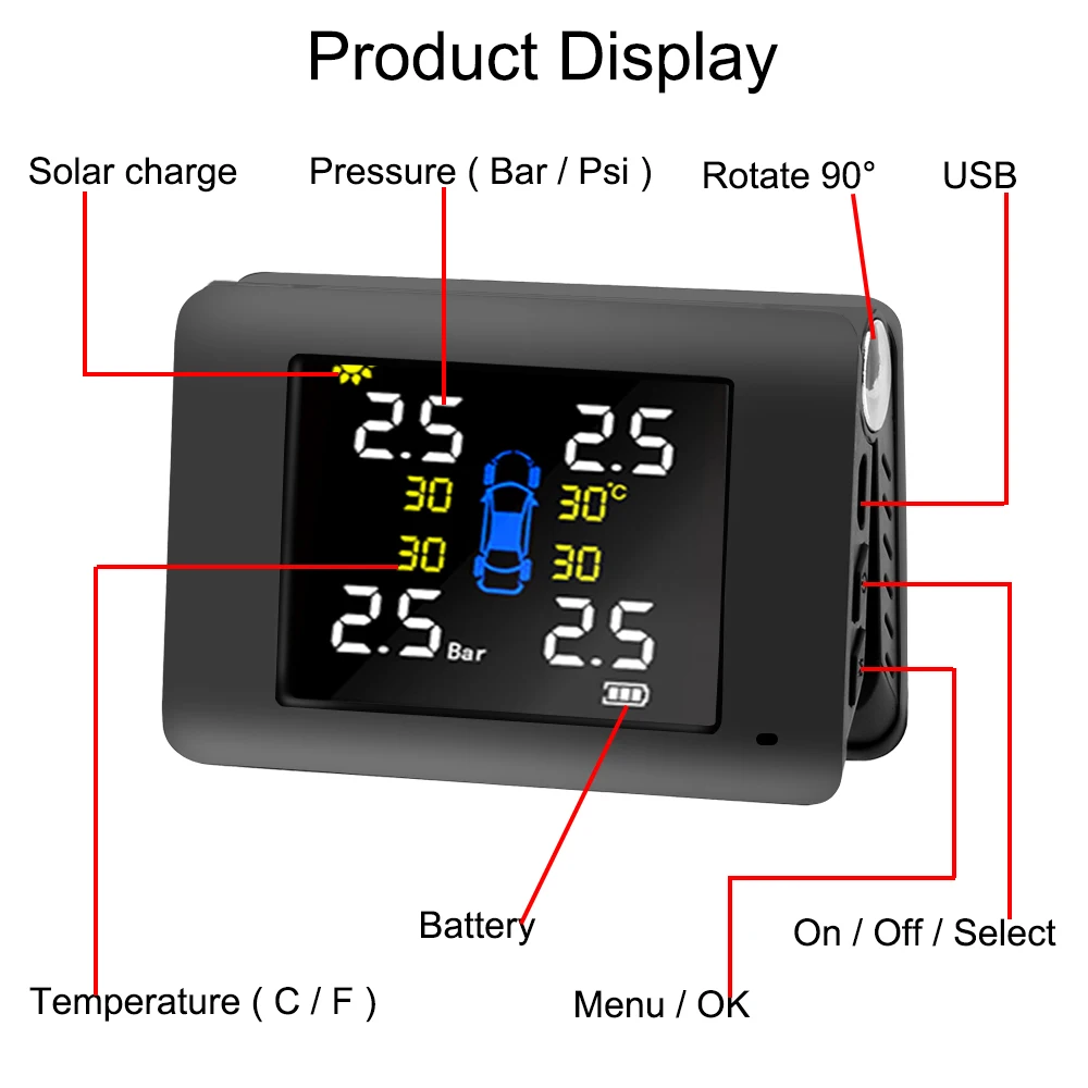 LED Display Car Tire Pressure Monitoring System Solar Power TPMS With 4 External or Built-in Sensors