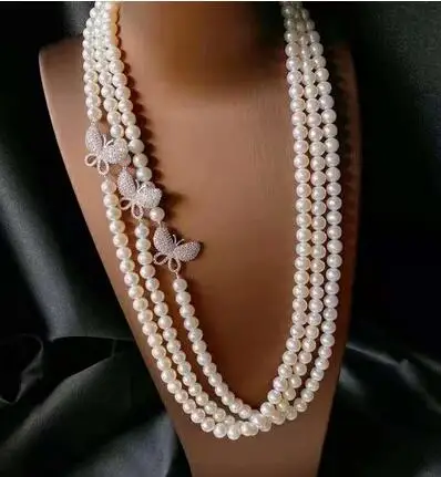 

Hand knotted 80cm 8-9mm white nearly round freshwater pearl butterfly micro inlay zircon necklace fashion jewelry