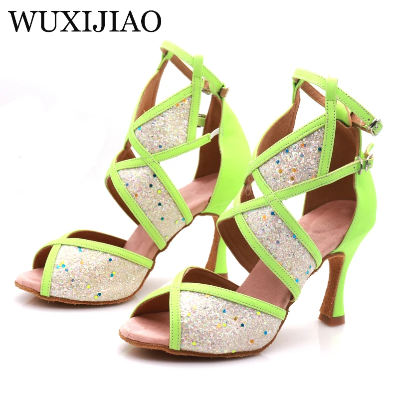 Latin dance shoes women\'s wide with blue pink green fluorescent PU flash cloth salsa dance performance ballroom dance shoes