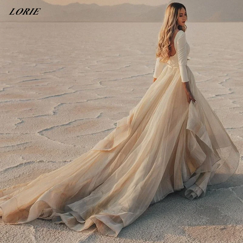 LORIE Satin Bodycon Wedding Dresses Long Sleeves O-Neck Boho Bridal Gowns With A-Line Tulle Skirt Formal  Gown vestidos de novia