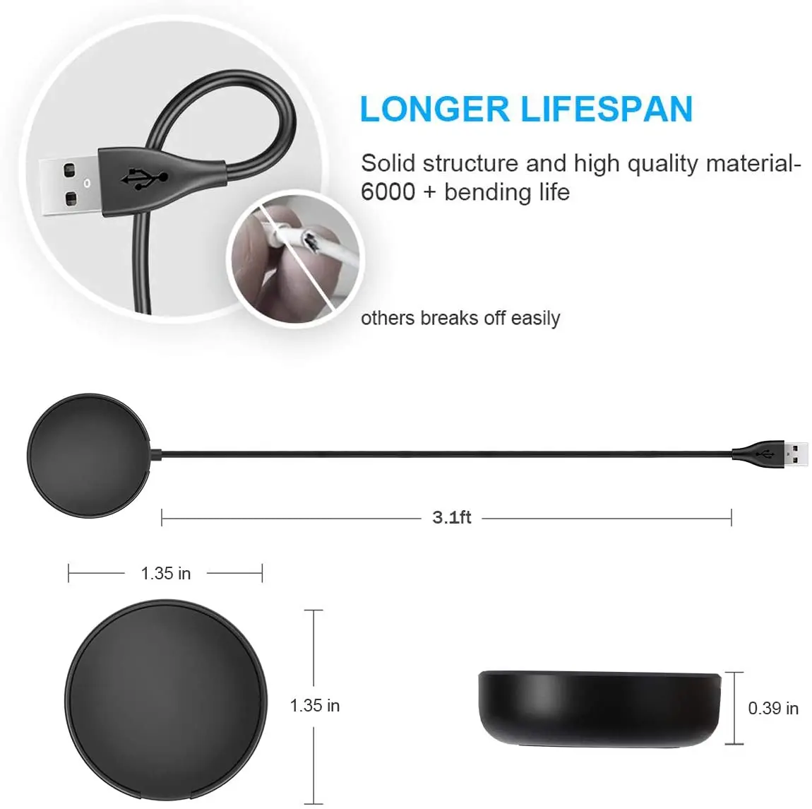 2Pcs  For Samsung Galaxy Watch 4 Charger Cable For Samsung Watch 5 / 5Pro / Active 2/ Active Watch USB Charging Adapter Cable