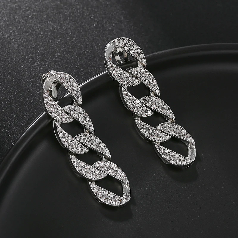 Luxury Shiny AAAA Rhinestone Cable Chain Tassel Dangle Clip on Earrings No Pierced for Women Wedding Party Elegant Jewelry Gift