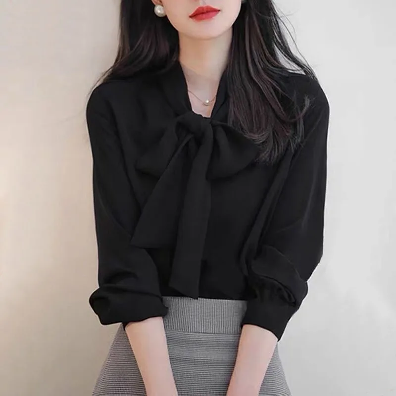 Fashion Tops Ladies Bow Blouse for Women Black Long Sleeve Shirt Women's Autumn Loose Spliced Chiffon Elegant Blusas Femme 1528