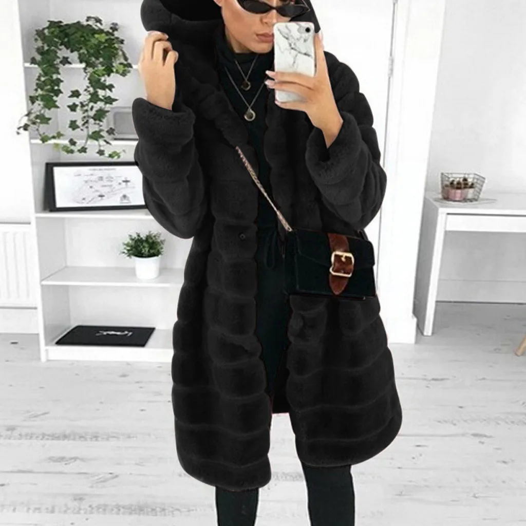 Winter Casual Solid Teddy Coat Women Long Sleeve Fleece Long Jacket Hooded Lamb Fur Coat Outerwear Fourrure female warm Faux Fur