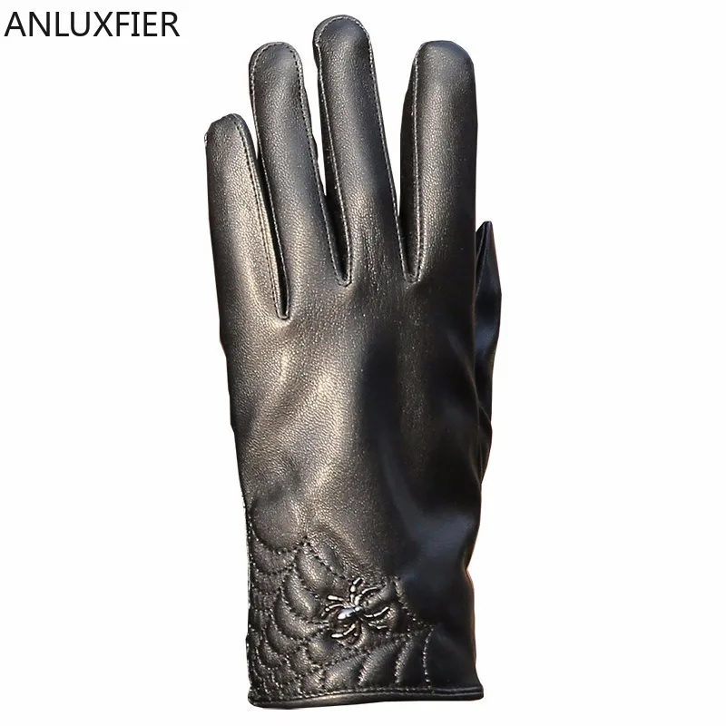 

H9959 Leather Gloves Women Warm Riding Thermal Black Hand Muff Autumn Winter Plush Thick Windproof Touch Screen Female Mittens