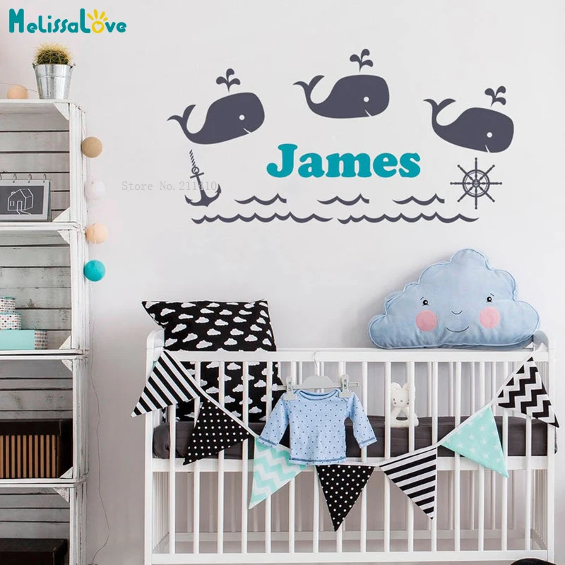 Nursery Personalized Boy Name Wall Decal Removable Sea Animals Whales Vinyl Sticker Children's Room Gift YT1973