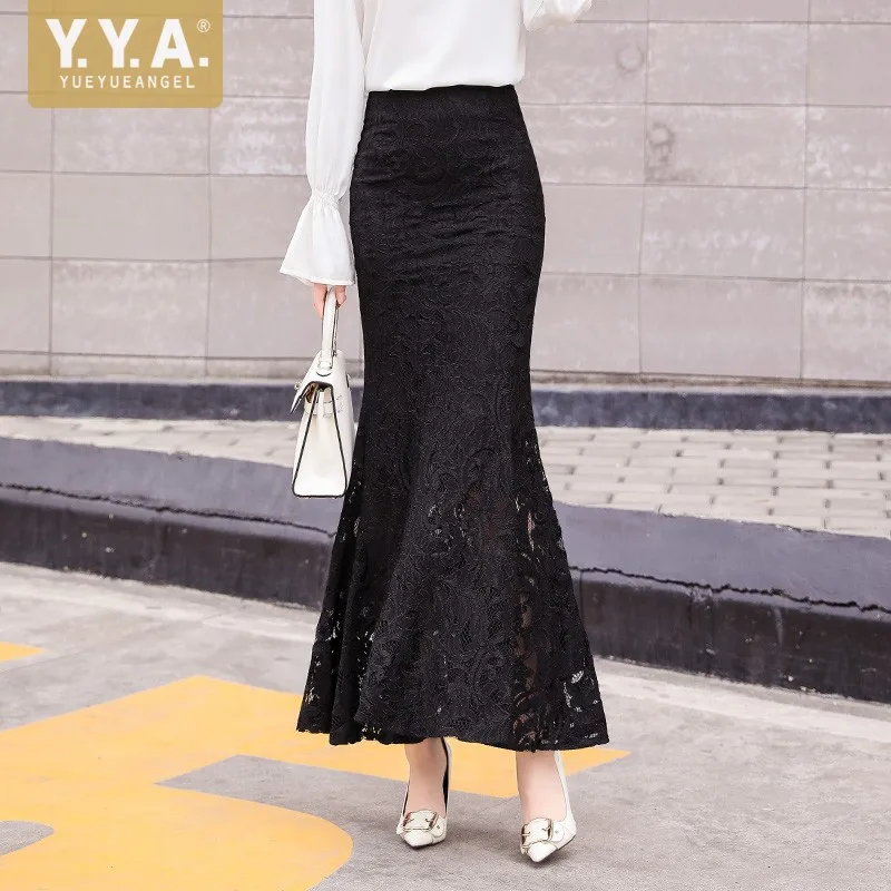 Elegant Ladies High Waist Slim Fit Wrap Lace Crochet Skirt Women Stretchy Sexy Skinny Ruffles Trumpet Ankle Length Long Skirts