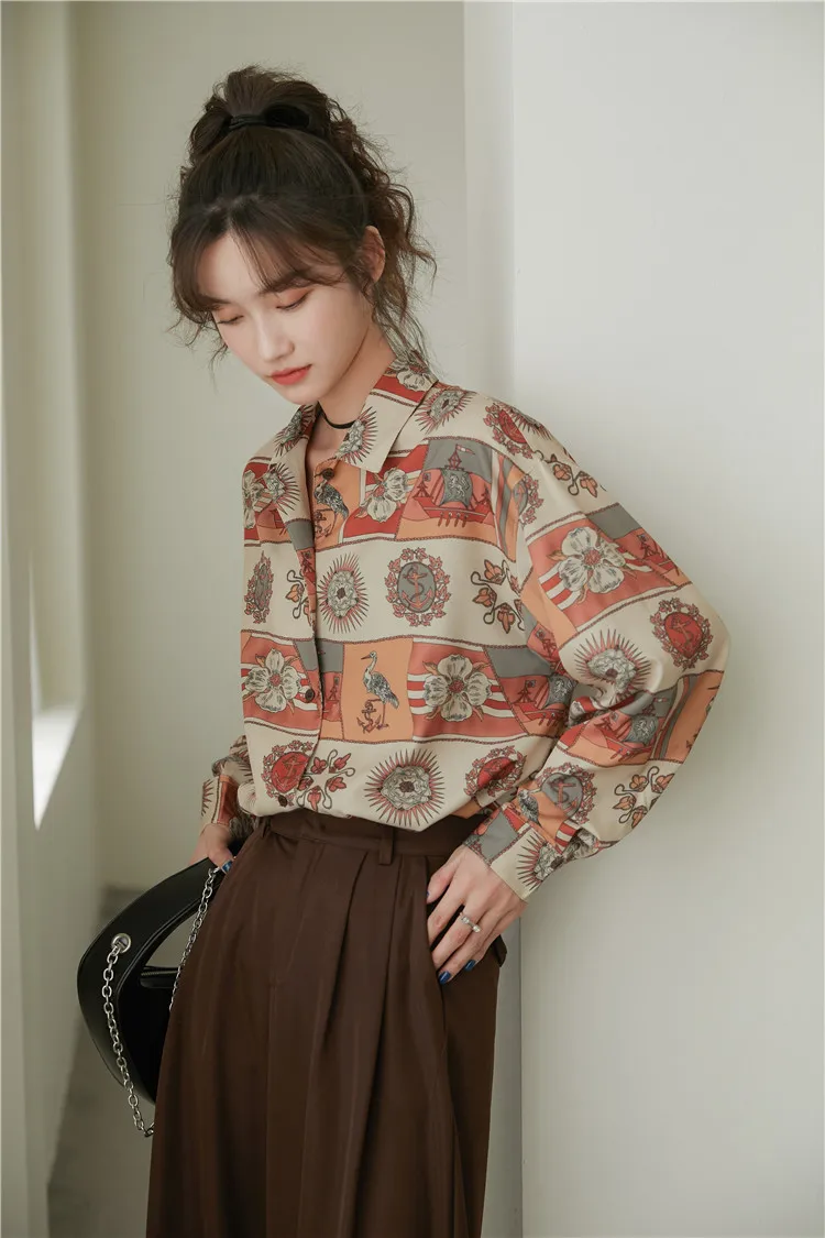 CHEERART Vintage Shirt Long Sleeve Print Button Up Collar Retro Shirt Women Top And Blouse Loose Oversized Shirt