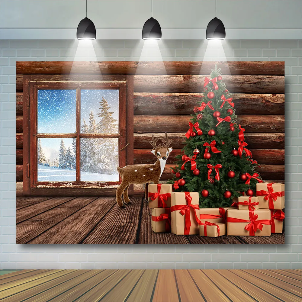 Christmas Backdrop Wood Wall party Christmas Tree Photography Backdrop Gifts Window Reindeer Party Background Photobooth