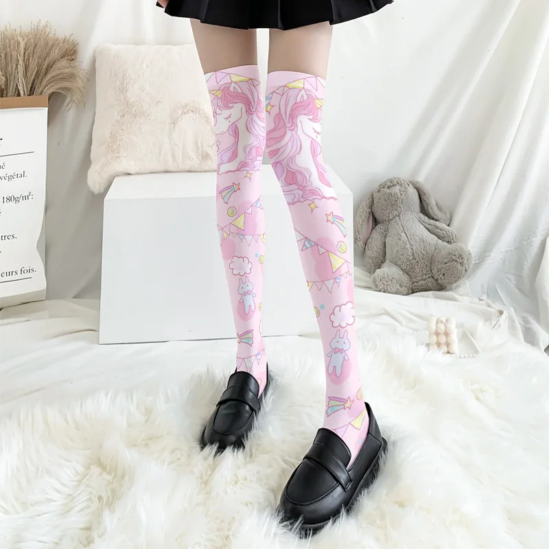 New Unicorn Print Women Stockings Fashion Sexy High Tube Cute Girls Over The Knee Stockings Pink Cartoon Nylon Silk Long Socks