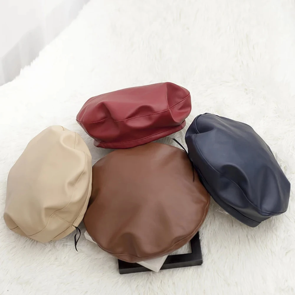 New Fashion Women's Beret Korean Style Leather Spring and Autumn Female Retro Bean Casual Hats Trend Comfortable Caps