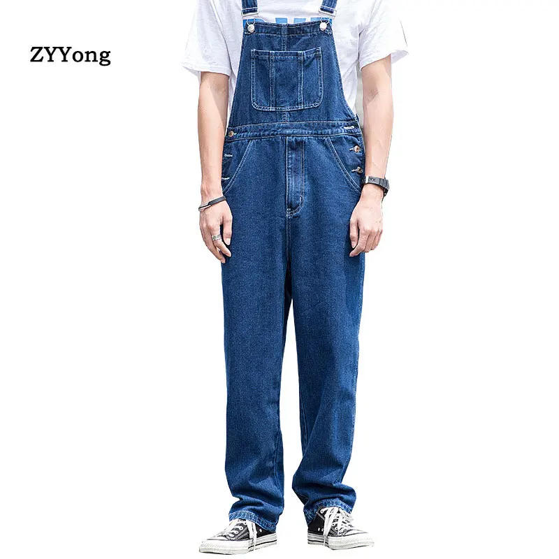 

Overalls Men Bib Denim Jumpsuit Straight Jeans Hip Hop Big Pocket Wide Leg Cargo Pants Fashion Casual Blue Loose Trousers