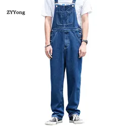 Overalls Men Bib Denim Jumpsuit Straight Jeans Hip Hop Big Pocket Wide Leg Cargo Pants Fashion Casual Blue Loose Trousers
