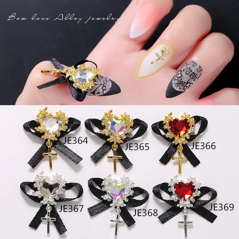 5pcs/lot Clear/AB Alloy Black Bow Retro 3D Nail Art Decorations Jewelry Gem Japanese Style Cross Manicure Design New Nail Charm