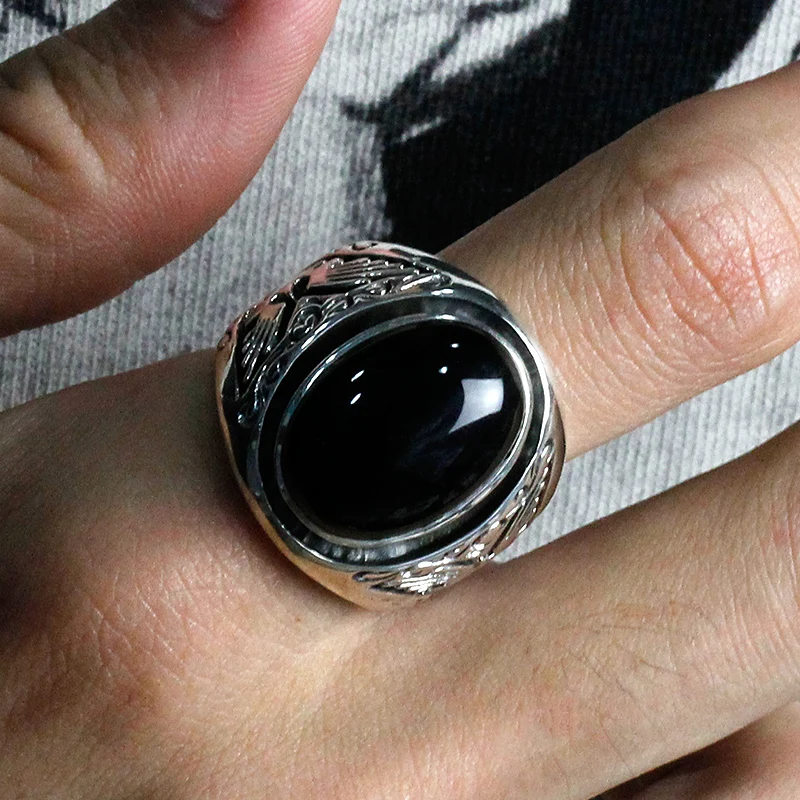 Ruibeila new authentic 925 sterling silver ring men natural black agate stone retro cool fashion trend bijouxcadeau