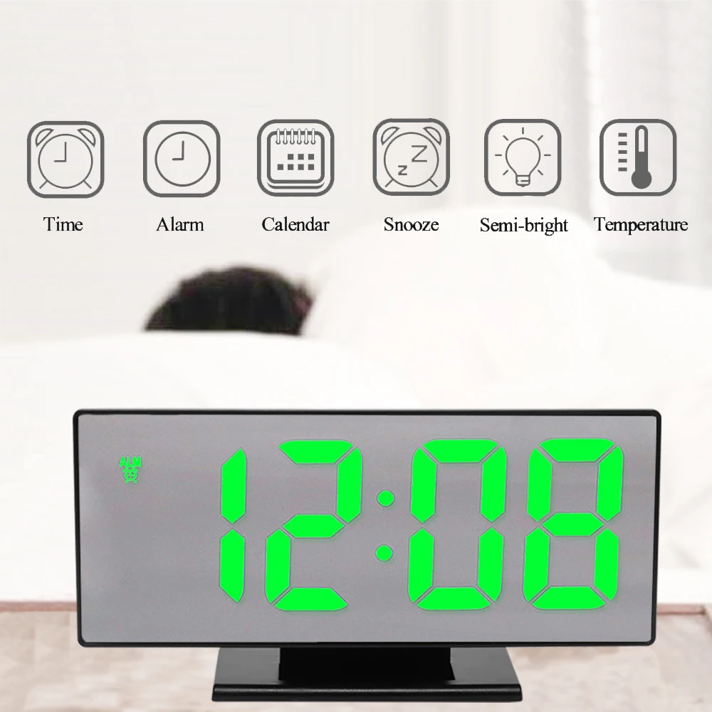 Digital Alarm Clock LED Mirror Clock Large LCD Display Electronic Clocks Noiseless Table Clocks With Temperature Calendar Watch