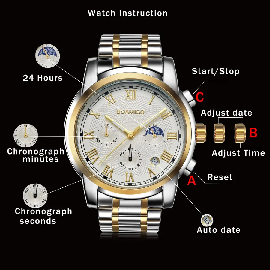 2022 New Watches Men Luxury Brand BOAMIGO Chronograph Men Sports Watches Waterproof Full Steel Dress Fashion Quartz Men\'s Watch