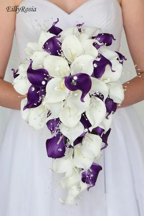 

EillyRosia White Purple Calla Lily Cascading Bridal Bouquet Rhinestones Pearls Waterfall Wedding Bouquet Flowers Artificial Chic