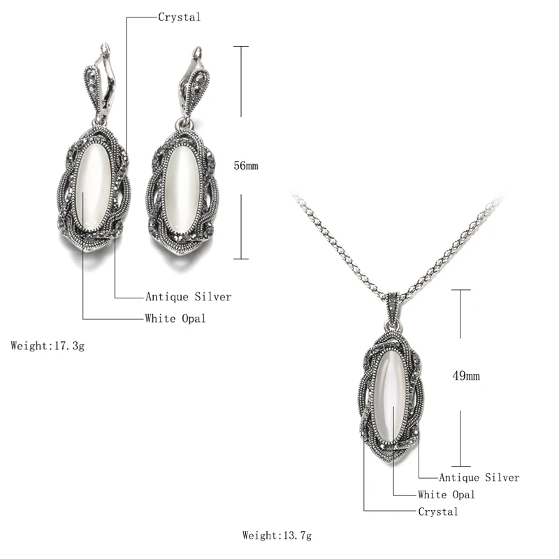 Wbmqda Hot Bohemian Big Opal Stone Earrings Necklace Boho Jewelry Sets Vintage Tibetan Silver Black Crystal Earrings For Women