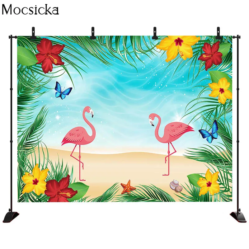 MOCSICKA 플라밍고 생일 배경 여름 열대 하와이 꽃 사진 배경 꽃 베이비 샤워 케이크 테이블 배너