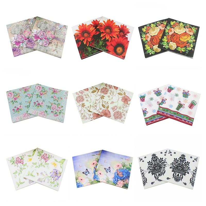 20Pcs/Pack Napkins Paper Flower Pattern Decoupage Napkin Paper Tissue for Xmas Wedding Decor Party Table Supplies Wholesale