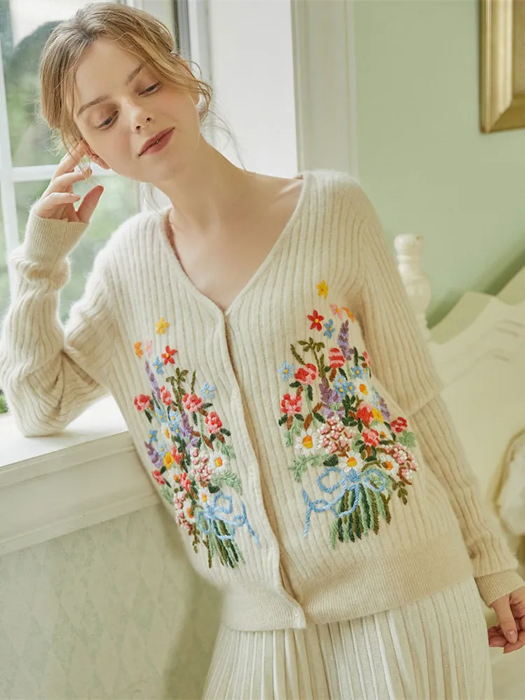 Cardigans Fall Winter Women Sweater Mori Girl Elegant Slim Handmade Embroidery Flowers Rabbit Hair Wool Knitted Cardigan Sweater