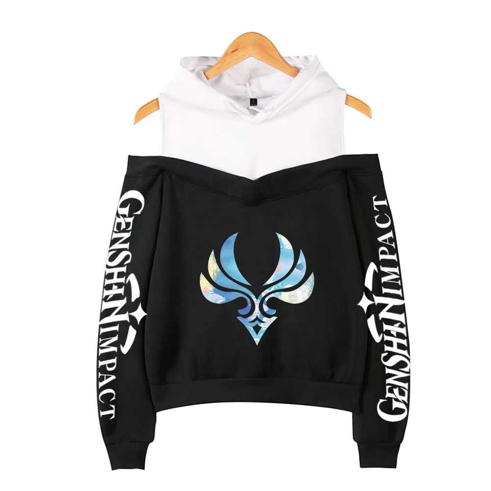 Genshin Impact Hoodies Women\'s Off-shoulder Hoodie Sweatshirt Autumn Winter Hoodie Harajuku Cartoon Xiao Off-shoulder Sweatshirt