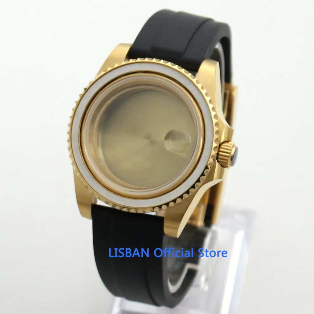 

40mm Gold Coated Watch Case Rubber Strap with Gold Buckle Fit DG MINGZHU 2813 MIYOTA 8215 Movement