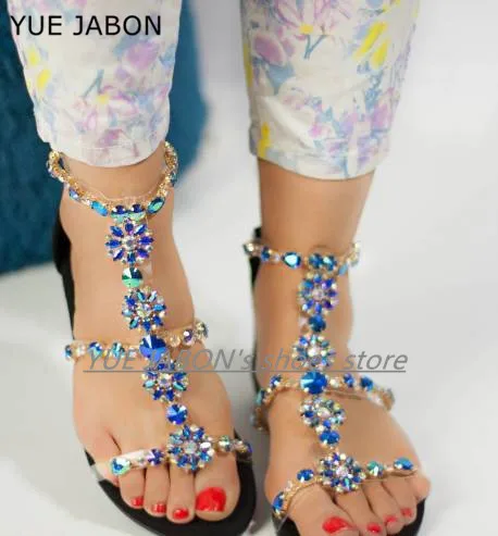 Gold Blue Flats Women Sandals Open Toe Ankle Boots Sandal Woman Crystal Sandalias Bling Flip Flops Summer Shoes Zapatos Mujer