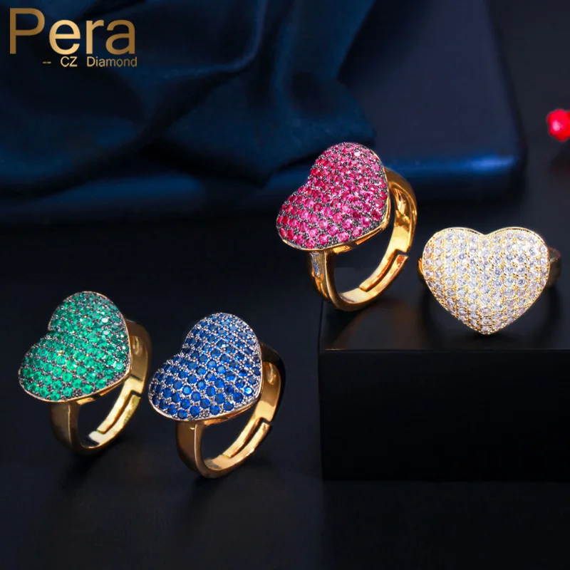 

Pera Romantic Micro Full Red White Cubic Zirconia Paved Resizable Love Heart Shape Engagement Party Finger Rings for Women R155