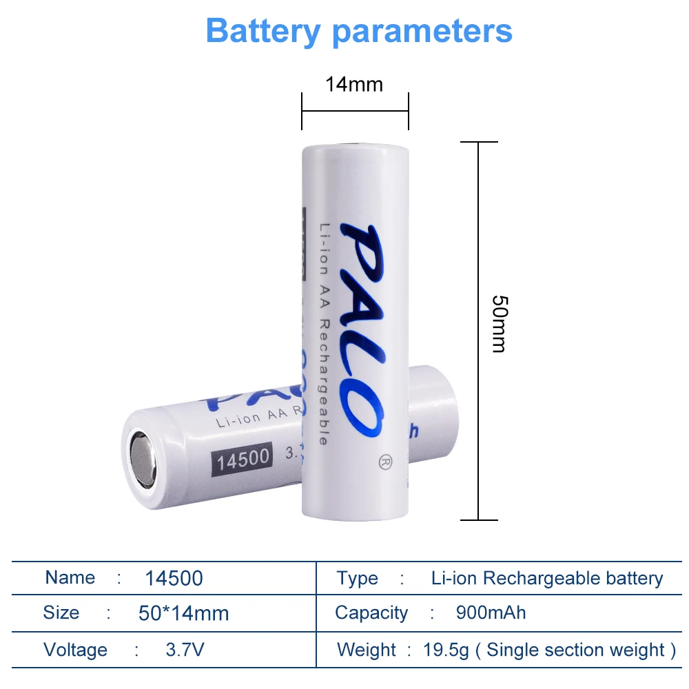 PALO 14500 900mAh 3.7V batterie ricaricabili agli ioni di litio batteria AA batteria al litio per torcia a Led torcia Mouse