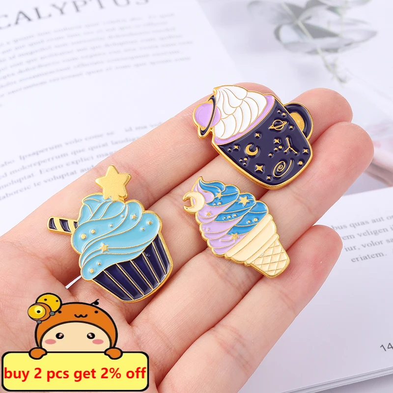 Starry Ice Cream Enamel Pins Custom Romantic Planet Dessert Egg Cone Food Badge Bag Hat Kid Brooches Collection Gifts Jewelry