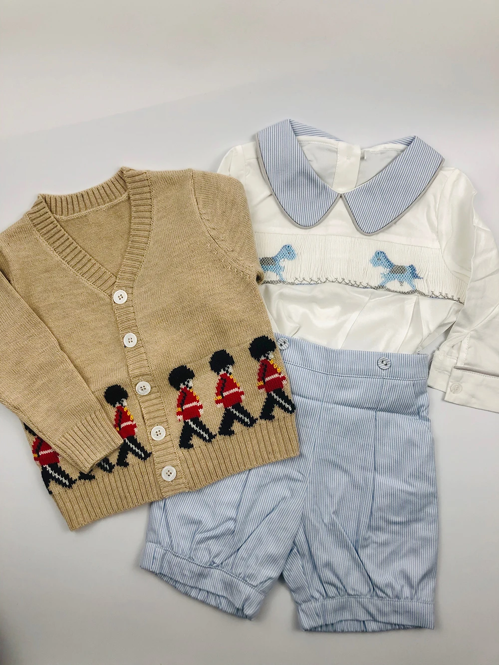 2PCS Children Boutique Clothing BABI Boy Handmade Smocked Horse Embroidered Set Cotton Long Sleeves Prince Suit Fashion Outfit