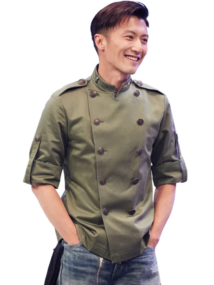 ผู้ชายสั้นแขน Breathable คู่ Chef อาหารบริการอาหาร Cook Workwear เสื้อยืดห้องครัวชุดทำงานผ้ากันเปื้อนใหม่