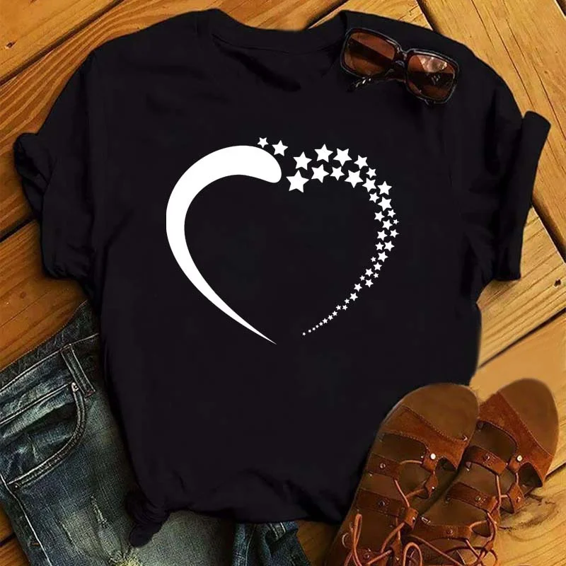 Maycaur Woman Star Moon Print Harajuku Summer Tshirts Casual Round Neck Short Slee Top Tee Shirt Women Black T-shirt Drop Ship